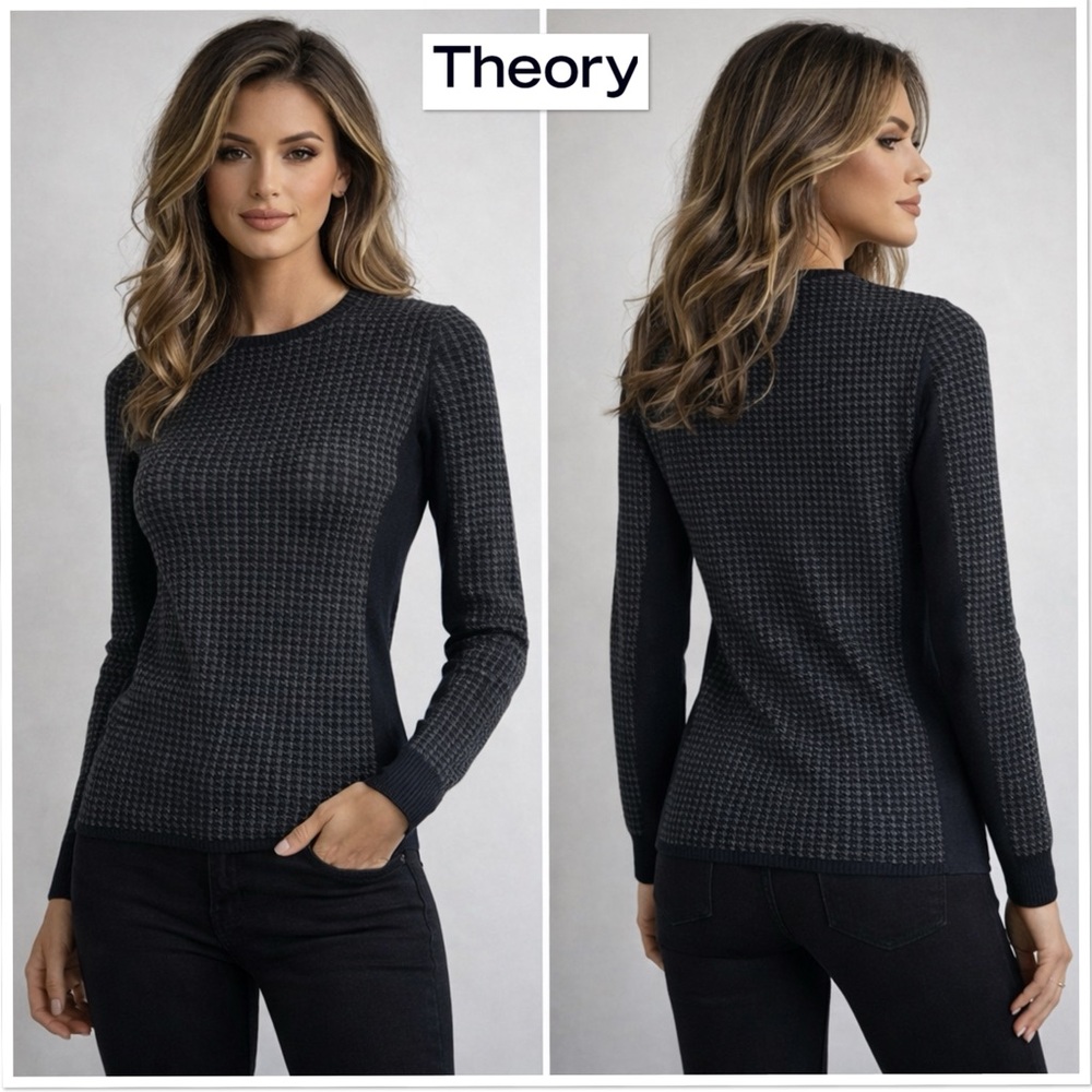 Theory Tommie D Noble Houndstooth Crewneck Pullover Sweater Wool Black Gray XS